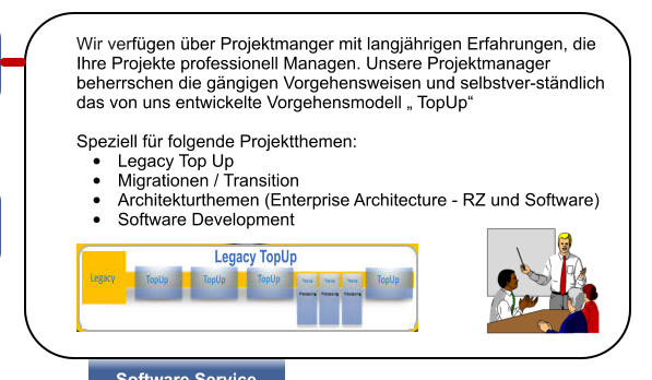 Wir verf�gen �ber Projektmanger mit langj�hrigen Erfahrungen, die Ihre Projekte professionell Managen. Unsere Projektmanager beherrschen die g�ngigen Vorgehensweisen und selbstver-st�ndlich das von uns entwickelte Vorgehensmodell � TopUp�  Speziell f�r folgende Projektthemen: �	Legacy Top Up �	Migrationen / Transition �	Architekturthemen (Enterprise Architecture - RZ und Software) �	Software Development